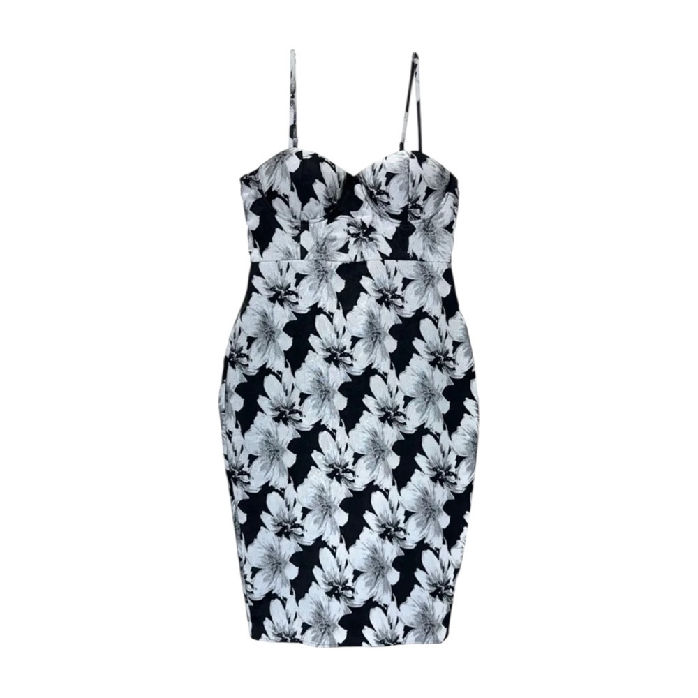 Le Chateau Women Floral Dress Jacquard Black Small Midi Spaghetti Strap Bodycon